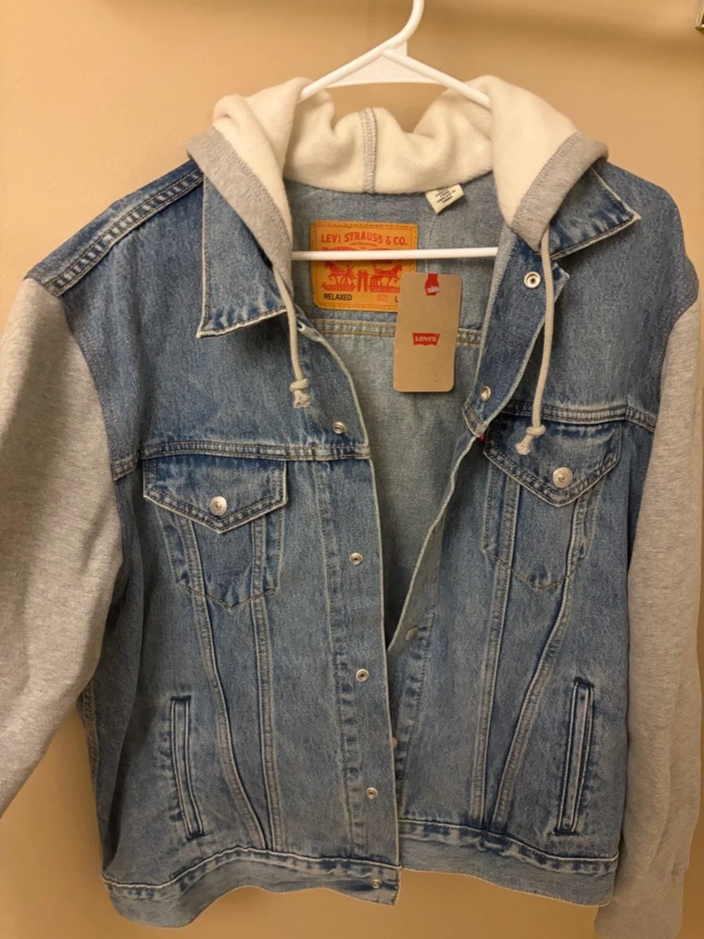 Levi's Blue Denim Trucker Jacket with Gray Hoodie Sleeves - Picture 5 of 5
